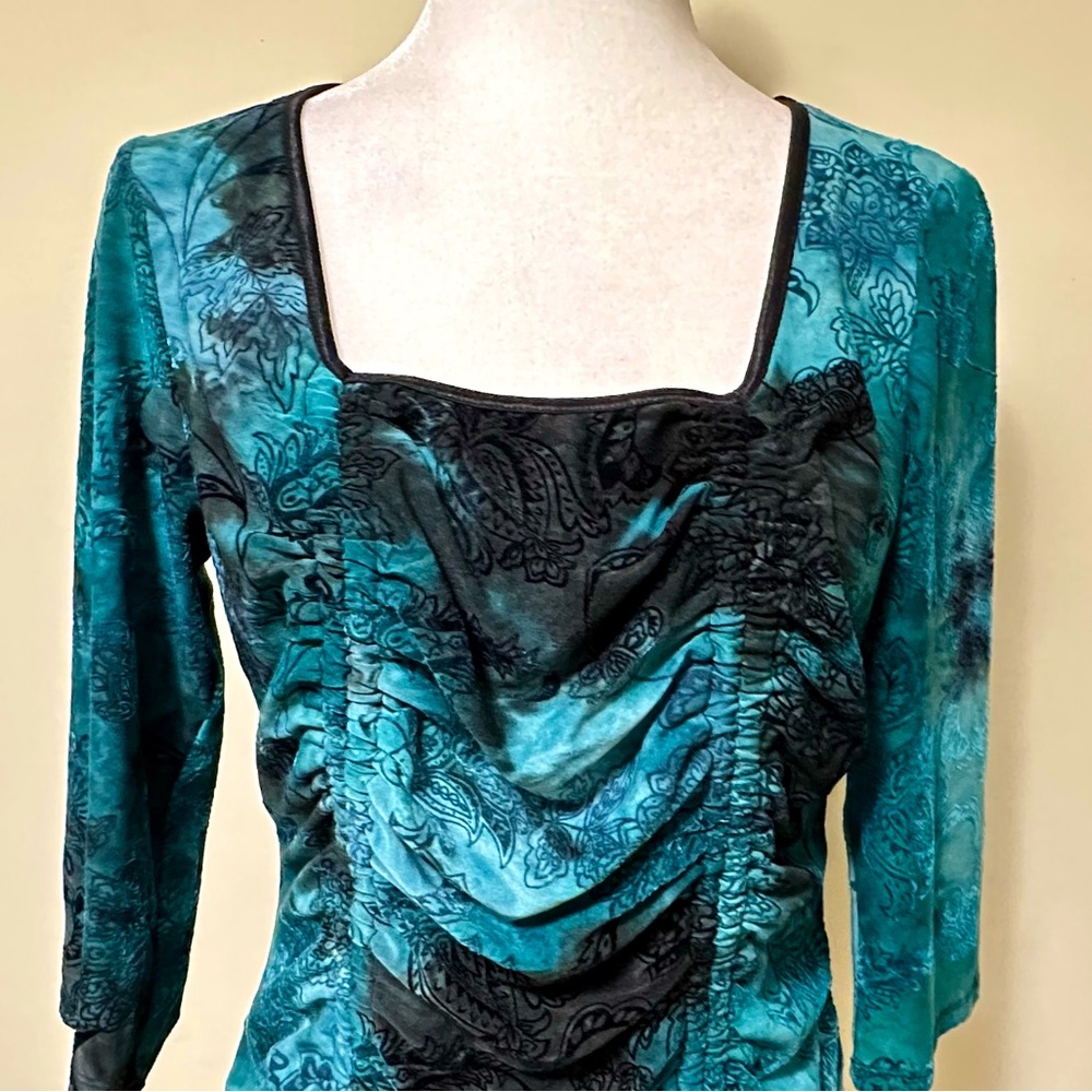 Sami & Jo Blue Green w Black Square Neckline Ruched Down Front Blouse Top LP - Picture 6 of 15
